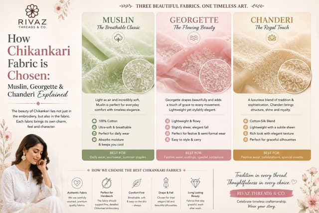 How Chikankari Fabric is Chosen: Muslin, Georgette & Chanderi Explained